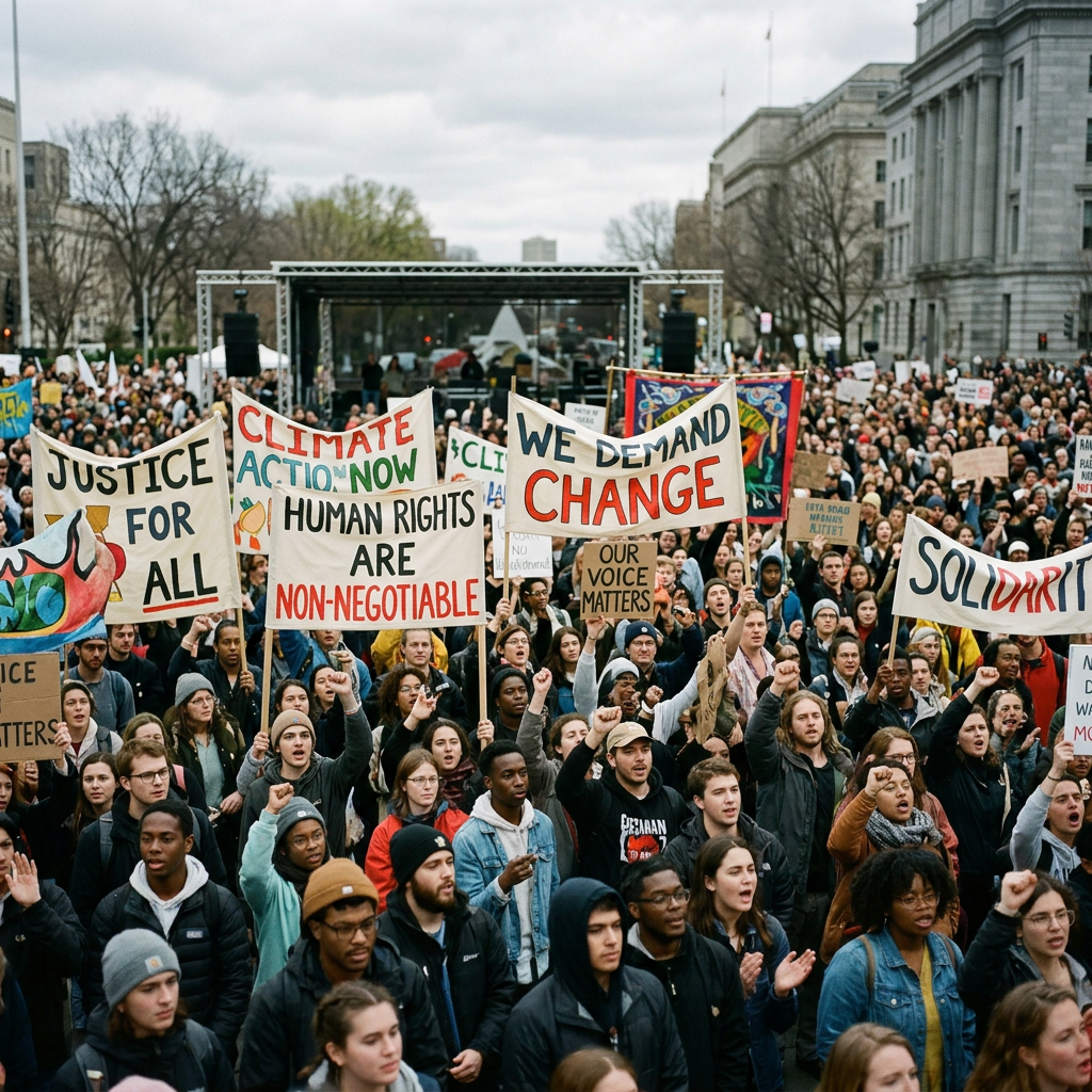 Crowd of diverse protesters holding signs demanding justice, climate action, and human rights